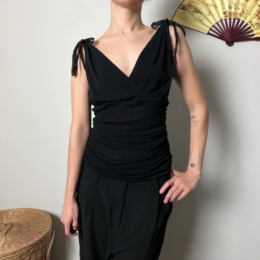 y2k vintage black minimalist mesh ruched v neck shoulder tie blouse top